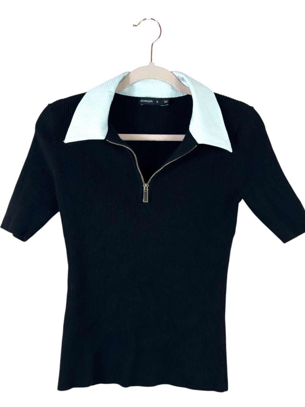 Karen Millen women M black ribbed short sleeve knit popover white collar sweater